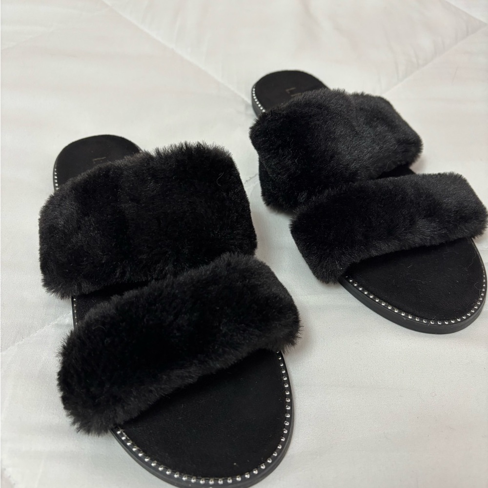 Black Furry Slide Sandals